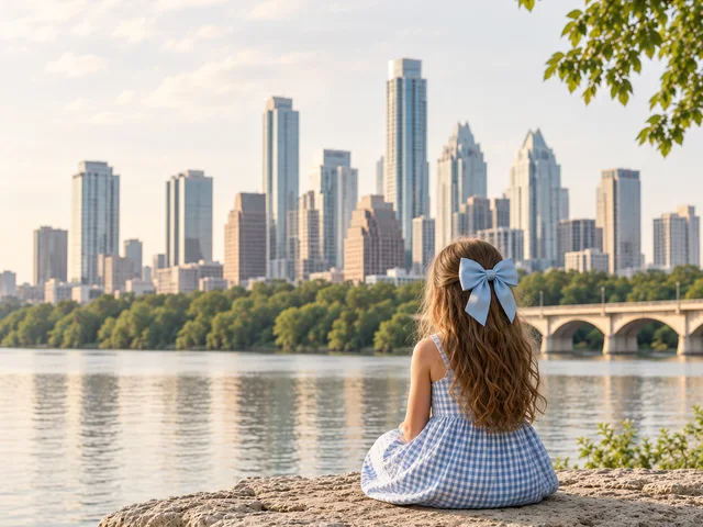 A little girl in a blue gingham dress and hair bow looks out at the Austin skyline across Lady Bird Lake at golden hour