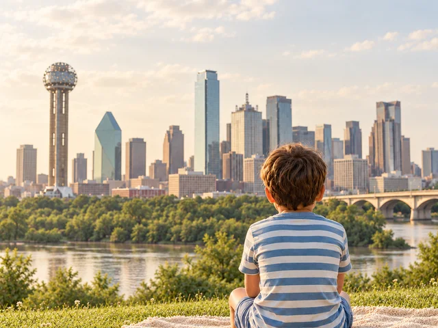 A little boy in a blue striped tee looks out at the Dallas skyline and Reunion Tower at golden hour