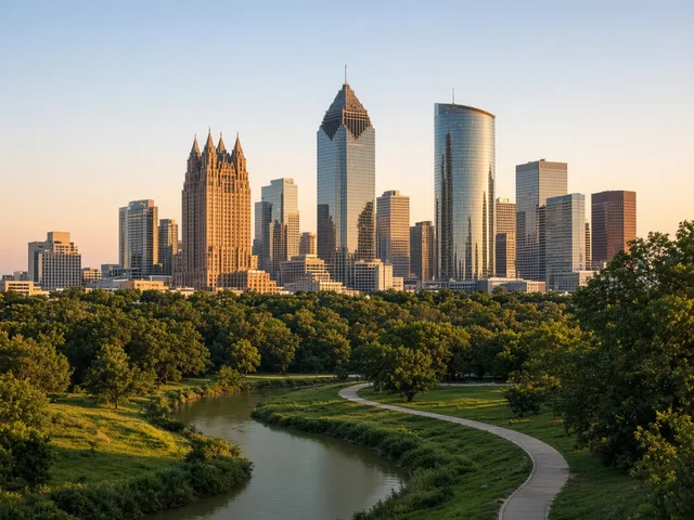 Downtown Houston skyline above Buffalo Bayou Park at golden hour