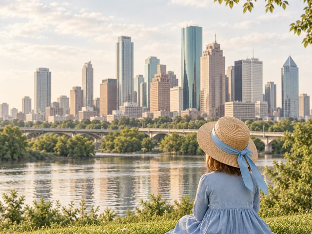 A little girl in a straw hat with a blue ribbon looks out at the Houston skyline at golden hour