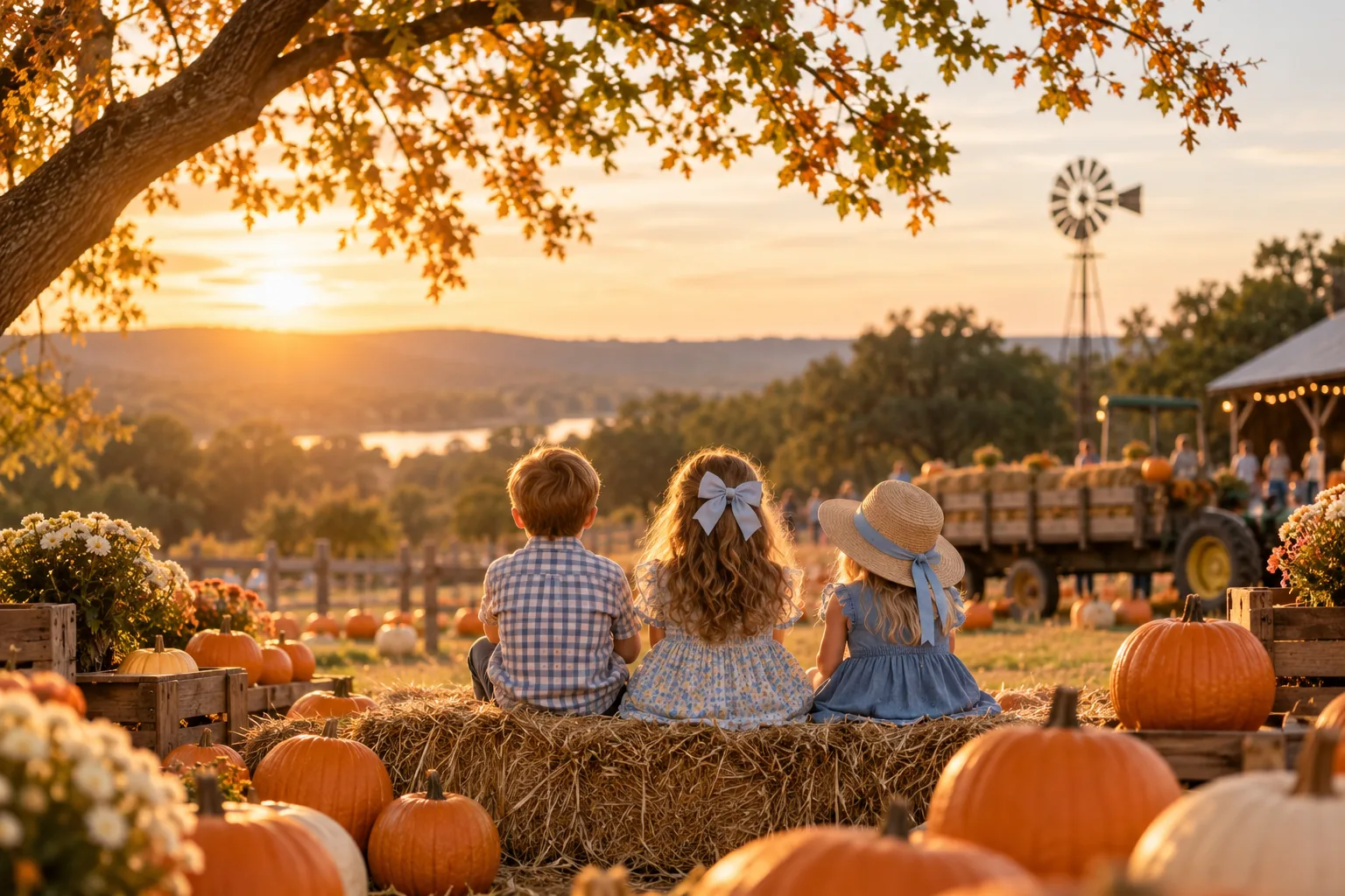 Three children on a hay bale overlooking an Austin-area pumpkin patch at sunset